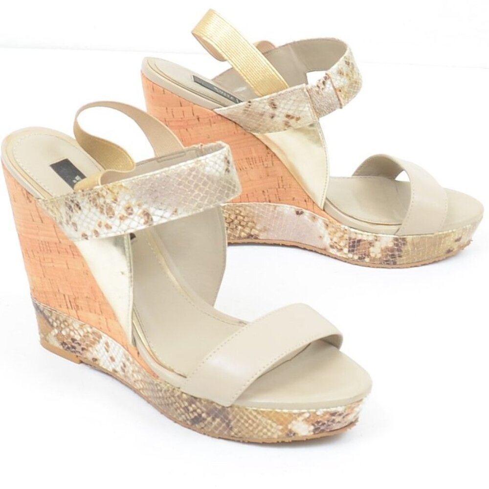 White‎ House Black Market Women's 8 Greta Beige Snakeskin Cork Wedge Sandals